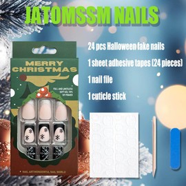 Christmas Press on Nails Short Square Fake Nails, Black French Press on Nails with Snowflake Design Sliver Glitter Christmas Glue on Nails Ballet Acrylic Nails for Women Xmas Winter Holiday Manicure