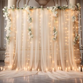 10x8ft Champagne Tulle Backdrop Curtain with Lights String for Parites, Sheer Photo Backdrop Curtains with Lights for Wedding Backdrop Ceremony Reception Bridal Shower Baby Shower Birthday Party