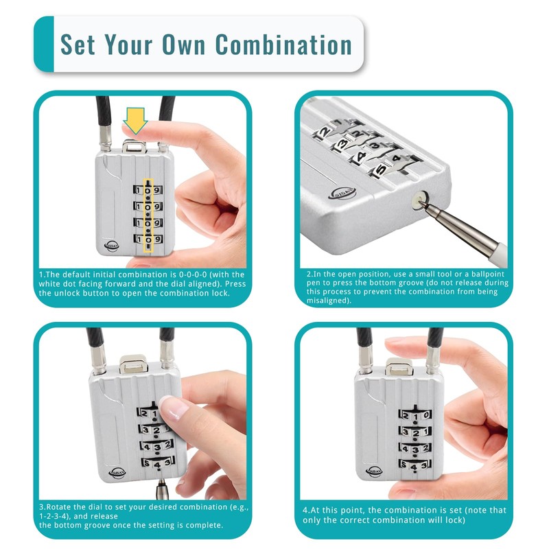 SISAV 50CM/20in Long Cable Locks Cable 4-Digit Combination Lock Re-settable