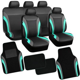 CAR PASS Leather Car Seat Covers Full Set with Waterproof Car Floor Mats,Airbag Compatible,Automotive Interior Covers for Women Girl,Sedans,Trucks,Vans,SUV with Car Carpet Mats(Black and Mint)