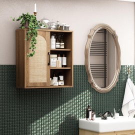 RUSTOWN Boho Rattan Wall Cabinet, Midcentury Bathroom Cabinet with Sliding Door, Adjustable Shelves, Over The Toilet Storage Cabinet (Rustic Oak)