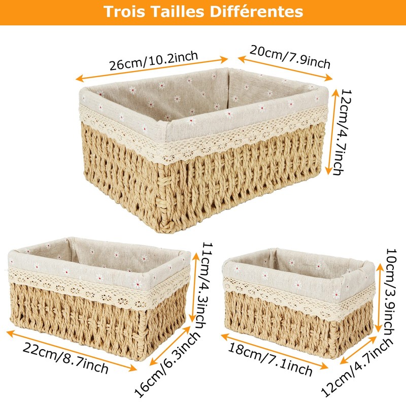 GOYADA Pack of 3 Wicker Rectangular Woven Basket with Yellow
