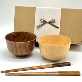 Gift Box Included, Wooden Bowls and Chopsticks Set of 4 (Clear Natural)