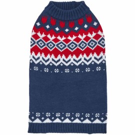 Blueberry Pet 2023 New Holiday Christmas Festive Fair Isle Mock-neck Fall Winter Pullover Dog Sweater in Navy Blue, Back Length 12", Warm Clothes for Small Dogs