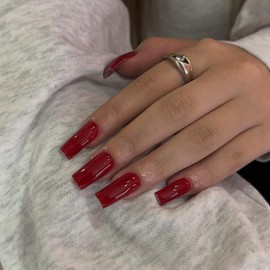 Red Press On Nails Medium Long Square, KQueenest Medium Coffin Acrylic Nails Press ons Glue on Nails Medium Length, Solid Color Fake Nails for Women, Natural Artificial Nails Stick on