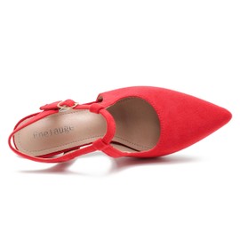 Enelauge Women's Closed Pointed Toe Heels Ankle Strap Pumps Low Kitten Heel Elegant Strappy Comfortable Wedding Dressy Prom Shoes Red Suede 42-10US