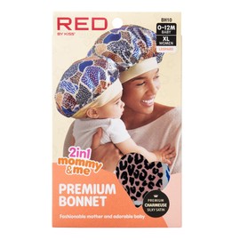 Red by Kiss 2-in-1 Mommy & Me Satin Bonnet Sleep Cap for Adult and Babies, Soft, Stretchy, and Safe, Protects Fragile Hair from Frizz & Breakage, Friction Bald Spots (Animal Prints, 6-18M)