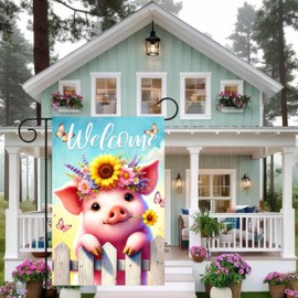 BlissYard Spring Welcome Garden Flag 12x18 Inches Double Sided Cute Pig Yard Flags Sunflower Crown Fence for Outside Decor Home Farmhouse Holiday Summer Decorations