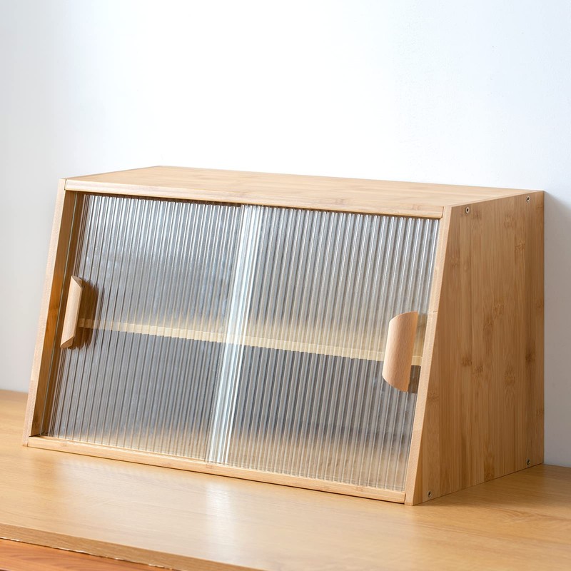 HollyHOME Small Bamboo Kitchen Pantry Sideboard with 2 Glass Doors