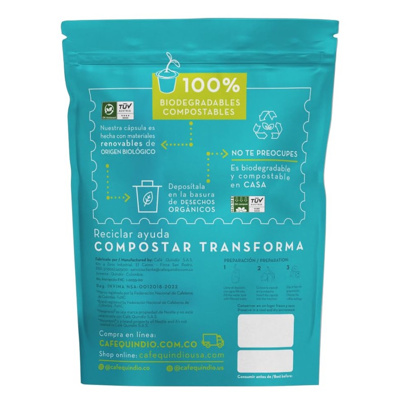 Cafe Quindio Compostable Coffee Pods, compatible with Nespresso Original machines