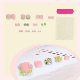 24 Pcs White French Tip Press on Toenails Short Fake Toenails Square Reusable False Toenails Kit Glitter Rhinestone Toe Nails Press ons 3D Flower Toenails Summer Artificial Toenails for Women Girls