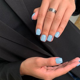 Baby Blue Press On Nails Short Square, KXAMELIE Natural Gel Nails Glue on Acrylic Nails Press ons Featured Protective Coat Thick Reusable Fake Nails Solid Color 24 Short Coffin Artificial Nails