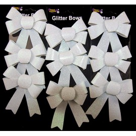 Theme Machine Set Of 9 Glitter WHITE Bow Christmas Tree Baubles Decorations