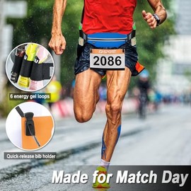RJ-Sport Cinturón delgado para correr con número de carrera - Cinturón para triatlón con soporte para número de dorsal y 6 bucles para gel energético 