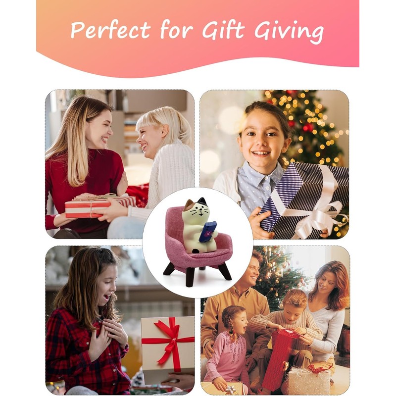 Cute Pink Cat Mini Figurine - Playing Phone on Sofa,