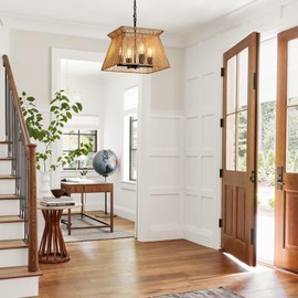 Rattan Chandelier Light Fixtures, 14.9” Boho Hand-Woven Pendant Light with Square Shape, 4-Light Farmhouse Chandelier Hanging Light Fixture for Dining Room, Living Room, Kitchen Island