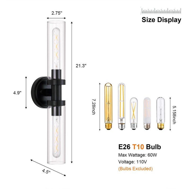 SANTOSTOCK Black Sconces Wall Lighting, Bathroom 2-Light Vanity Light W/Clear