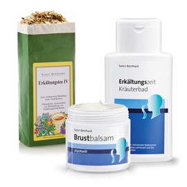 Sanct Bernhard Erkältungszeit-Set mit Erkältungstee IV, Erkältungszeit-Kräuterbad und Brustbalsam mit Jojobaöl