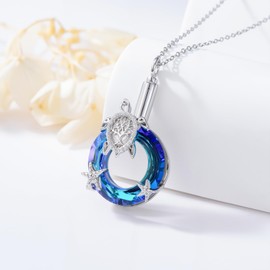925 Sterling Silver Sea Turtle Urn Necklace for Ashes, Sea Turtle Necklace with Blue Crystal Ocean Theme Crystal Pendant Jewelry Summer Beach Gifts for Marine Animal Lovers