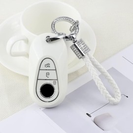 PIFOOG Key Cover for Bling Keychain 3 Buttons TPU Keys Fob Case Protector Accessories for 2021-2022 S C SL Class Girly Women White Silver