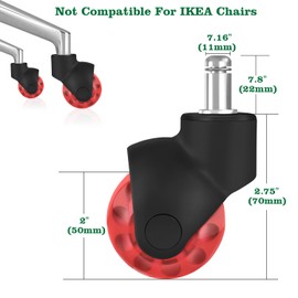 Office Chair Wheels Replacement 2 Inch Rubber Ball Caster Wheels for Wood Floor Carpet Mats, Set of 5, Heavy Duty Desk & Gaming Chair Casters 7/16" (11mm) Grip Ring Stem, Quiet Smooth Rolling (Red)