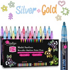 24 Double Line Outline Markers,Colors Super Squiggles Shimmer Outline Marker Set, Self Outline Metallic Glitter Doodle Drawing Markers Pens for Card Making, Christmas Greeting Card, DIY Art Crafts