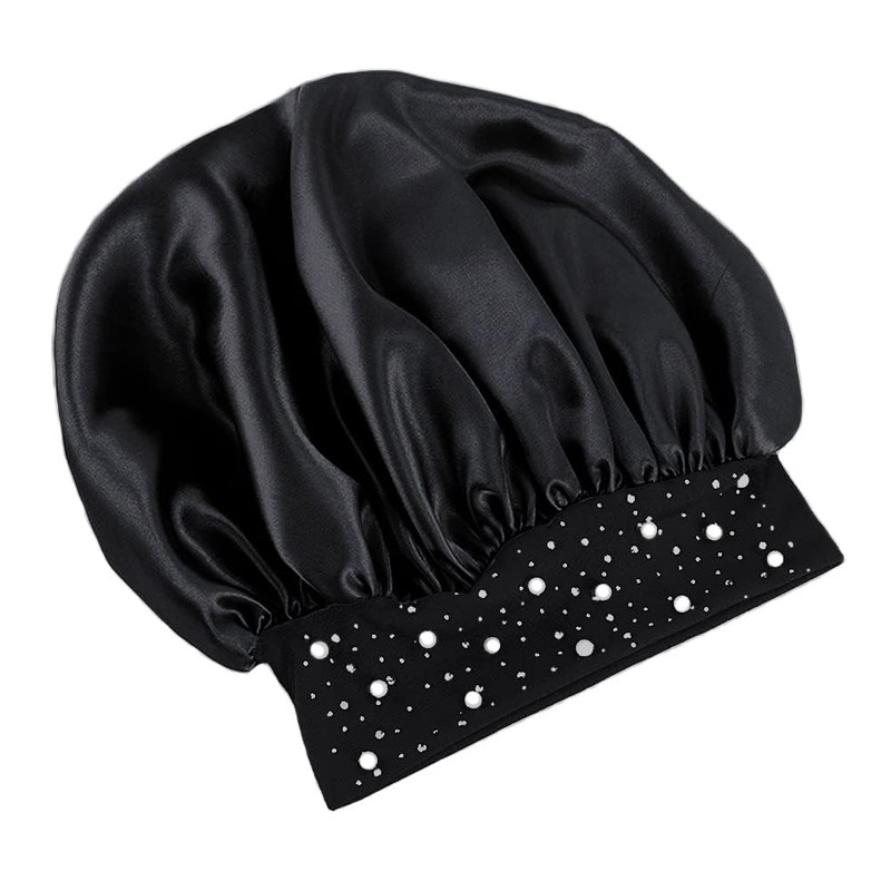 YeeMan Hair Bonnet Glittering Pearls and Rhinestones Satin Bonnet Wide