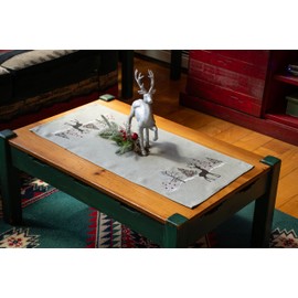 Embroidered Holiday Reindeer and Christmas Scene on Gray Rectangle Table Runner, Dresser Scarf (16Wx33L)