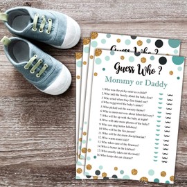 25 Guess Who Mommy or Daddy Fun Baby Shower Game Idea For Girl or Boy Cute Gold Gender Neutral Party, Funny Activity Questions at Gender Reveal Bundle, Party Activities Supplies For Kids, Mom, Dad