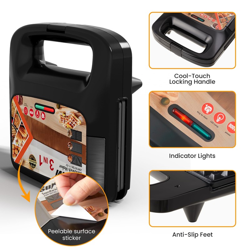 Sunvivi 3 in 1 Electric Sandwich Maker: Panini Press Grill
