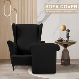 TIANSHU Wing Chair Cover, Wingback Chair Cover Includes 1 Chair Cover and 1 Chair Cushion Cover, Stretch, Non-Slip Armchair Protector, Removable Armchair Cover, Washable (Tip B, Black)