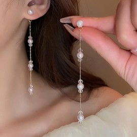 Erimberate Bohemian Pearl Tassel Dangle Earrings Gold Bead Pearl Chain Drop Earrings Long Pearl Tassel Chain Earrings Retro Pearl Stud Earrings Jewelry for Women