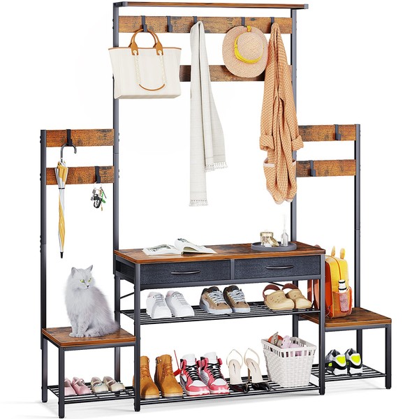 ODK Parent-Child Hall Tree with Bench and Shoe Storage, Freestanding Coat Rack with Drawers, Entryway Rack with Metal Frame and Hooks, for Entrance, Foyer, Mudroom