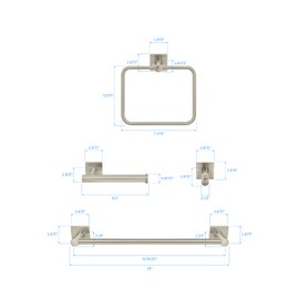 Nuk3y Senna Modern Square 4 Piece Bathroom Hardware Towel bar Accessory Set (18" Set, Satin Nickel)
