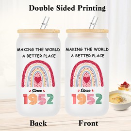 WOSIWULA 1952 73th Birthday Frosted Borosilicate Glass Cup with Lid and Straw, 16 oz, White, Cylindrical, Reusable, Heat Resistant, Non-Slip for Women, Grandma, Mom, Wife, Sister, Friends