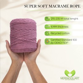 MeriWoolArt® Macrame Yarn Plum - Macrame Yarn 4 mm Coloured 225 m - Super Soft Cotton Yarn, Single Twisted Macrame Cord for Macrame Wall Hanging, Hanging Basket, Curtain and More DIY Deco