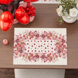 BOTB LIHM Romantic Valentines Day Pink Roses Flowers Love Hearts Candies Cloth Placemats Set of 4 Table Mats Table Decorations 12x18 Inch