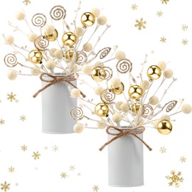 Domensi 2 Sets Christmas Table Centerpiece Decor Artificial Tree Picks Candy Curly Ball Picks with Metal Vase in Pots for Xmas Floral Arrangement for Dining Home Indoor Office Table Mantle(Champagne)