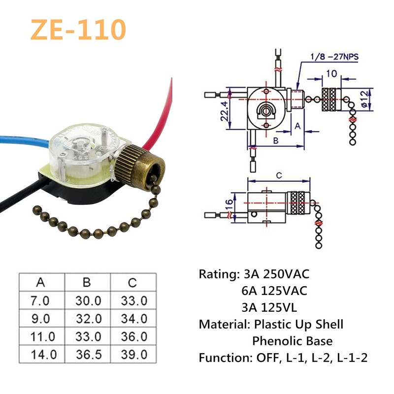 Ceiling Fan Pull Switch Zing Ear ZE-110 3 Wire 3