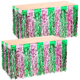 Suncalla 2 Pack Pink and Green Party Decorations Witch Party Table Skirts 30 x 108 Inch Wavy Metallic Tinsel Foil Fringe Table Skirts for Rectangle and Round Table Birthday Witch Decorations