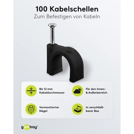 goobay 64684 Cable Clamp Set of 100 / Cable Holder for Cable Attachment up to 12 mm Diameter / Cable Clamp with Nail for Wall, Door Frame, Corners and Surface-Mounted / Pack of 100 / Black