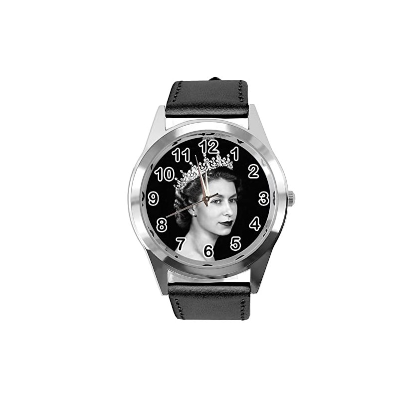Queen E2 Black Leather Round Watch for Fans, black, Strap.