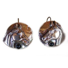 Mirror Polished Horse Head on Textured Circle Earrings - Black Onyx - USA Made