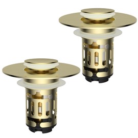 Hibbent 2 Pack Upgraded 3 in 1 Bathroom Sink Drain Strainer, Universal Pop Up Stopper with Removable Stainless Steel Filter Basket Hair Catcher, Sink Plug for 1.1''~2.36'' Basin, Brushed Gold