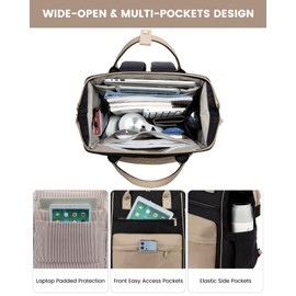 LOVEVOOK Laptop Backpack for Women, 17 Inch Work Teacher Nurse Bag, Large Capacity Business Computer Backpack Purse with USB Port, Stylish Casual Daypack for Travel,Black&Khaki