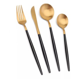 KASABLANCA Juego De Cubiertos De Acero Inoxidable Dorado Y Negro 16 Pzs
