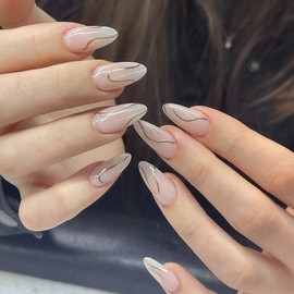 Almond Press on Nails Medium with Curve Line Design, Glossy Gold Glitter Lines False Nails Gel Glue on Nails, Press ons Stiletto Nails Natural Nude Reusable Acrylic False Nails for Women Daily Wear