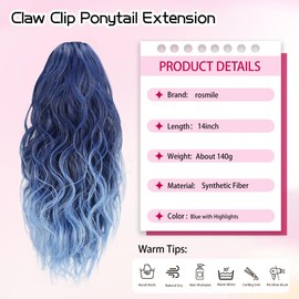 14 Inch Claw Clip Ponytail Extension Soft Curly Claw Ponytail Extension Short Pony Tails Hair Extensions Synthetic Fiber Hair Pieces for Women (Color: Blue with Highlights)