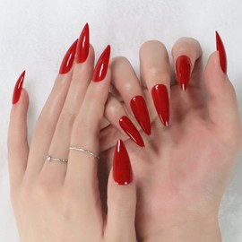 Coolnail Glossy Red Press on False Nails Medium Long Stiletto Fake Nails Salon Nail Art Tips for Daily DIY at home