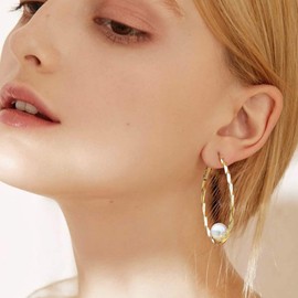 Aprilery Gold Hoop Earrings for Women, Trendy Pearl CZ Crystal Bead Cuff Chunky Gold Hoop Earrings Statement Hypoallergenic Costume Jewelry for Her (Gold Pearl)